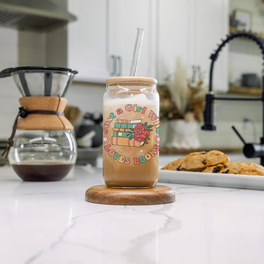'JUST A GIRL WHO LOVES BOOKS' ~ 16oz Glass cup